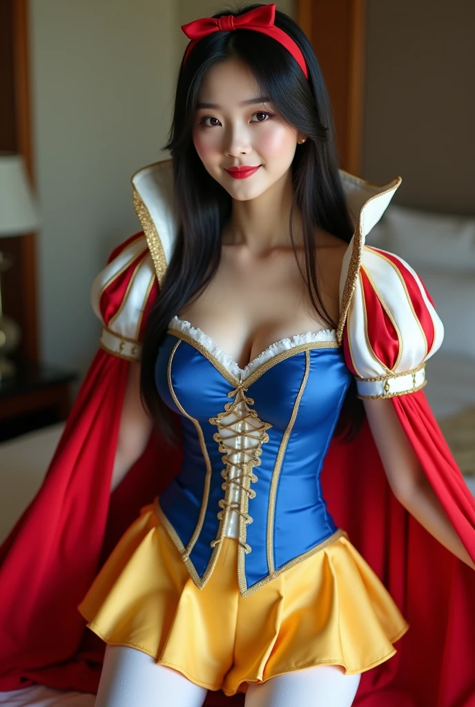 1girl, cute,, 18 years old, large breasts, narrow waist,wide hip,bob hair, bright eyes white fine skin,small mouth,slender, sexy pose sexy costume, ((silk blue corset, red white slashed puffer shoulder sleeves, silk yellow pleated skater silk skirt, white leggings, red hairband, red cape)), maximum resolution, beautiful Japanese woman, ulzzang