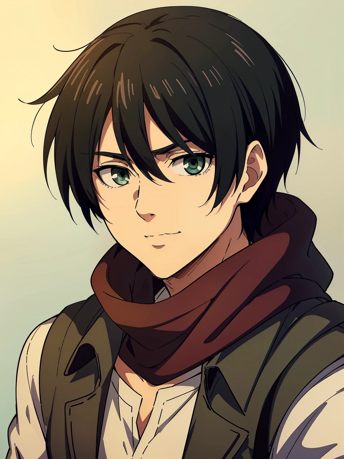 (high-quality, breathtaking),(expressive eyes, perfect face) 1boy, male, solo, portrait, narrow eyes, kind face, neutral expression, soft cute smile, aot style, portrait, Symmetrical Eyes, black hair, green eyes, teenager, blue background, black coat, open coat, white shirt, backpack, black pants, mappastyles4, fluffy hair, half closed eyes, looking at viewer, facing viewer, red scarf, teenager, young face, 
