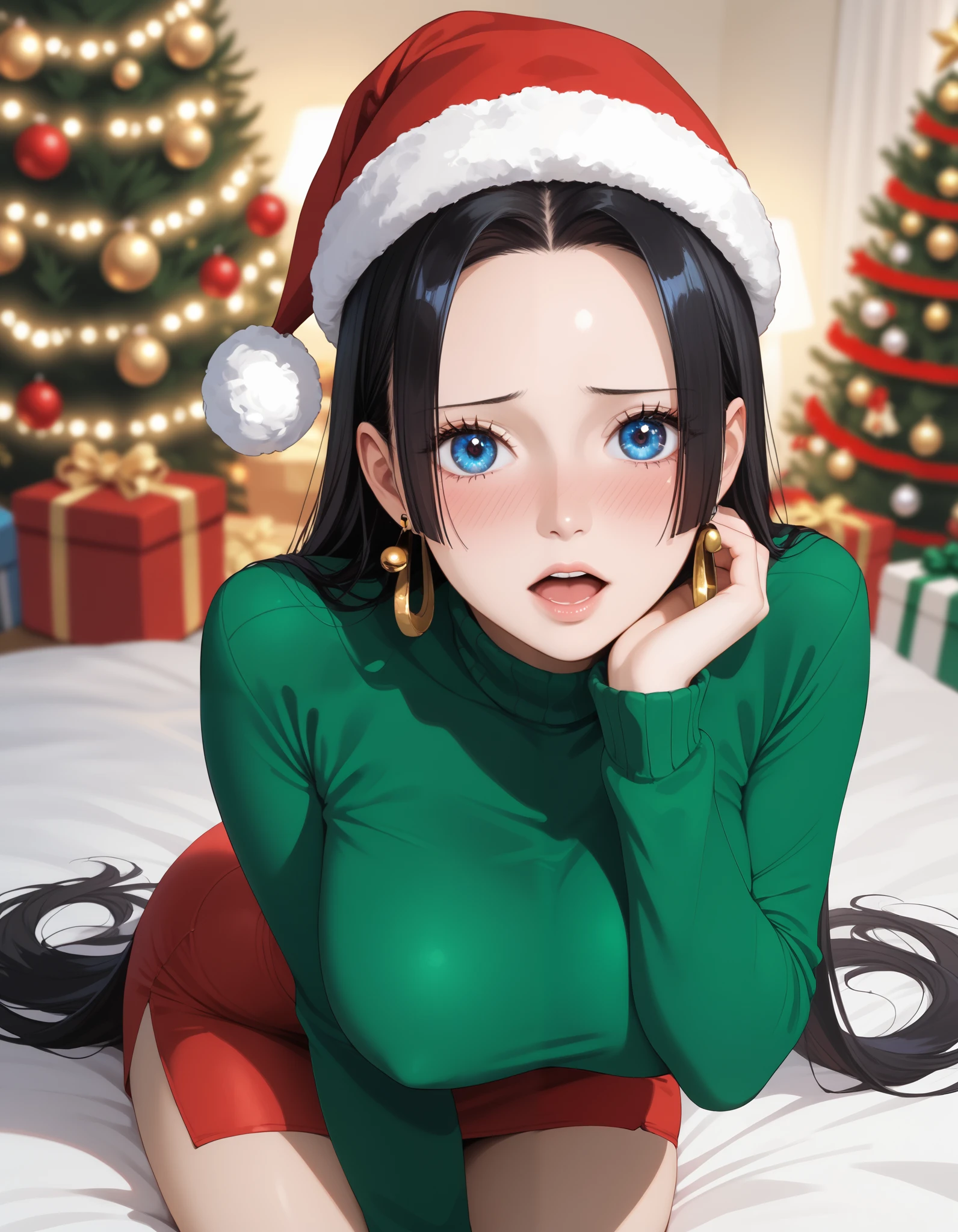 Boa_hancock, long hair, black hair, earrings, large breasts, one piece, photorealistic, detailed coloring, anime style, detailed high quality, chromatic aberrations, ultra detailed quality skin, detailed ray tracing lighting, masterpiece、 best quality、masterpiece,  high definition , 8K quality,  perfect face, solo, 1 girl, beautiful face, beautiful detailed eyes, Alone,  cute face、艶のある唇, (Embarrassed, narrow eyes, nose blush:1.2), open mouth, red cheek,  large butt, looking at viewer,  hair slicked back, collarbone, Staring at the viewer, (santa hat, High Neck Green Sweater,  hipbone skirt), ass line, sitting on red bed, hands on own face,  from above, cute pose, cowboy shot, sensual expression, blurry background, covered nipples, festive decorations, twinkling lights, decorated Christmas tree, cozy indoor setting, warm color tones,