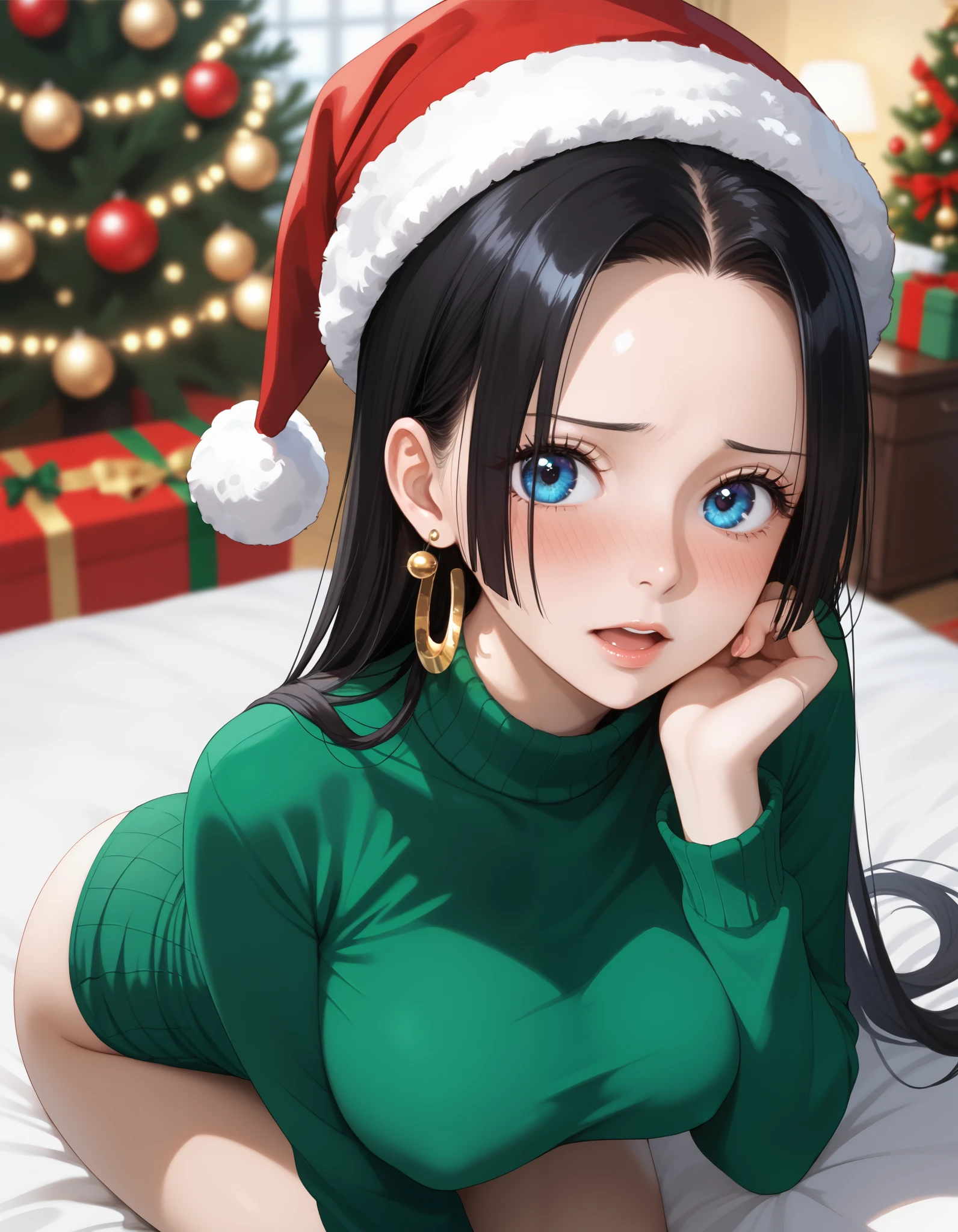 Boa_hancock, long hair, black hair, earrings, large breasts, one piece, photorealistic, detailed coloring, anime style, detailed high quality, chromatic aberrations, ultra detailed quality skin, detailed ray tracing lighting, masterpiece、 best quality、masterpiece,  high definition , 8K quality,  perfect face, solo, 1 girl, beautiful face, beautiful detailed eyes, Alone,  cute face、艶のある唇, (Embarrassed, narrow eyes, nose blush:1.2), open mouth, red cheek,  large butt, looking at viewer,  hair slicked back, collarbone, Staring at the viewer, (santa hat, High Neck Green Sweater,  hipbone skirt), ass line, sitting on red bed, hands on own face,  from above, cute pose, cowboy shot, sensual expression, blurry background, covered nipples, festive decorations, twinkling lights, decorated Christmas tree, cozy indoor setting, warm color tones,