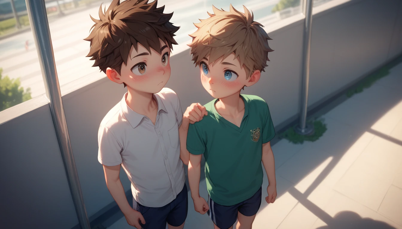 Two handsome cute kiid ************ boy 5yr,blush,messy short hair,blond hair and brown hair,from above front,in public school class,kiid face,was two walking,fullbody,hd,4k,8k,dynamics lighting,perfect lighting,realistic