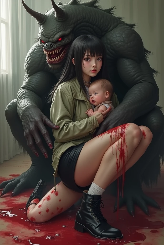 There's a big, kind monster and a little girl with black hair sitting on top of the monster base, and the monster loves the little girl staring at him.
