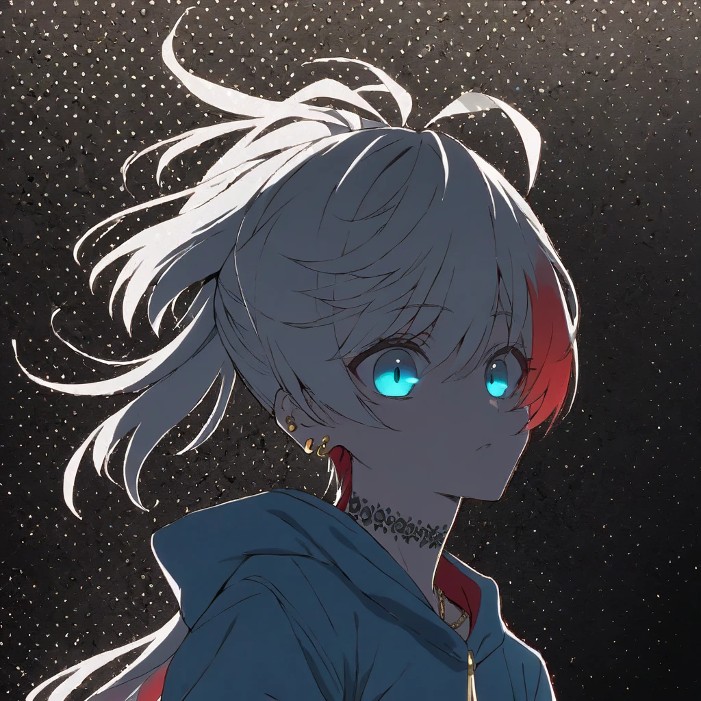 alone, 1 male,Gojo Satoru,White hair with red inner color ,   ponytail,Manban,Good person, light blue Eyes , oversized hoodie,Distressed jeans,Ear Piercing,Neck tattoo,  gold necklace,Oversized shirt,
  Black Background 