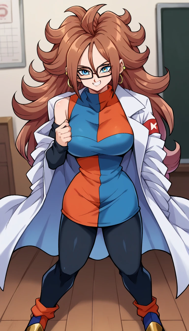 android 21, blue eyes, brown hair, glasses, long hair, very long hair, black-framed eyewear, smile,
black sleeves, checkered clothes, checkered dress, detached sleeves, dress, lab coat, turtleneck,
indoors,
looking at viewer, Big breasts, wide hips, thick legs, sexy body, full body, bicolor shoes, Black pants