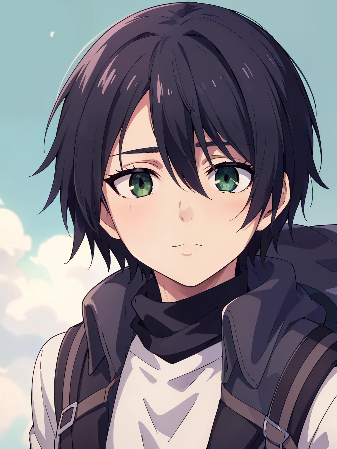 (high-quality, breathtaking),(expressive eyes, perfect face) 1boy, male, solo, portrait, narrow eyes, kind face, neutral expression, soft cute smile, aot style, portrait, Symmetrical Eyes, black hair, green eyes, teenager, blue background, long sleeved black coat, open coat, white turtleneck shirt, backpack, black pants, mappastyles4, fluffy hair, half closed eyes, looking at viewer, facing viewer, red scarf, teenager, young face, apocalypse clothing
