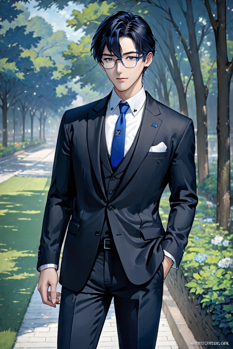  black hair,Fair skin,Rimless Glasses,Black long pants, white shirt, black jacket , blue tie,male