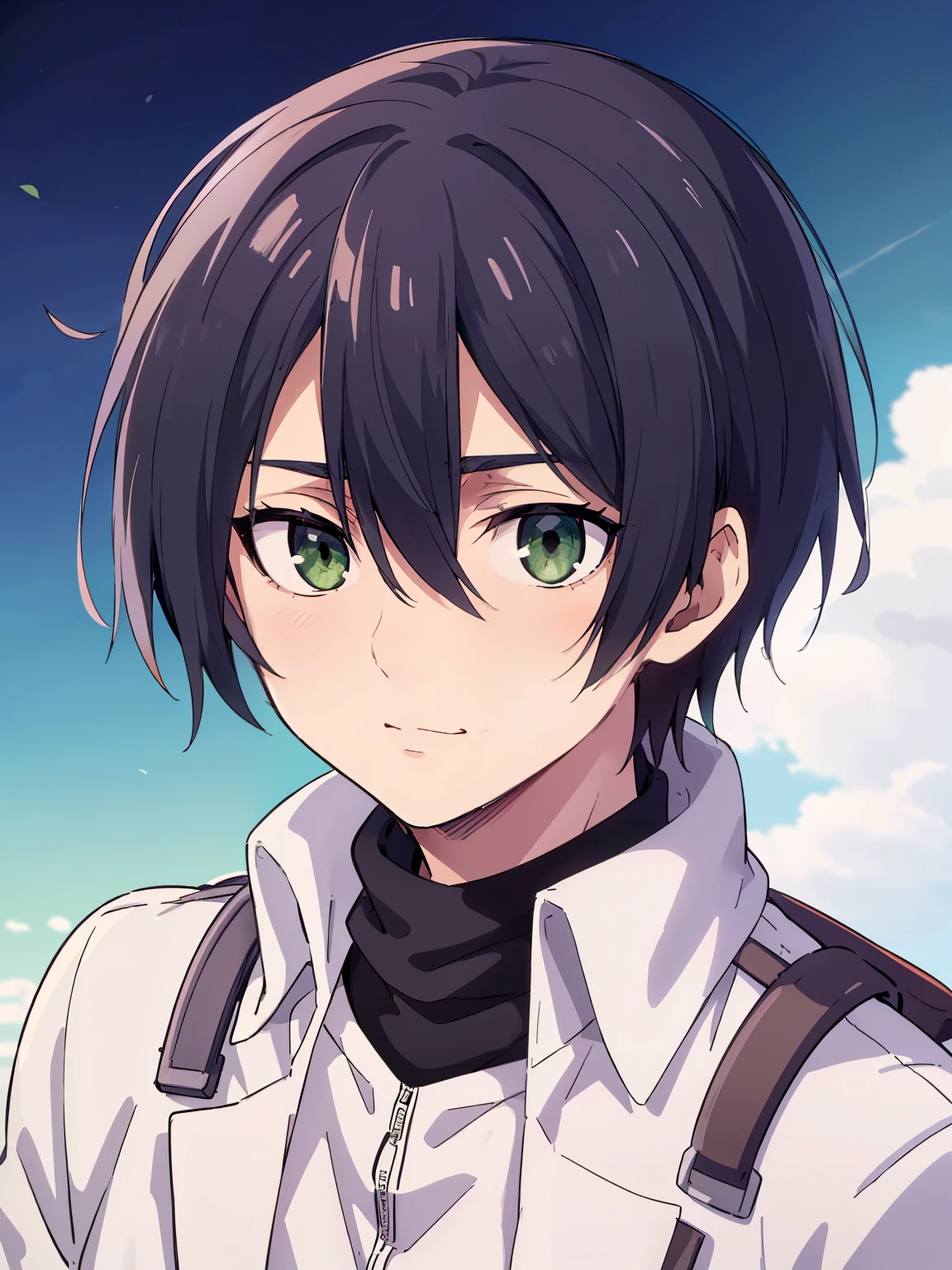 (high-quality, breathtaking),(expressive eyes, perfect face) 1boy, male, solo, portrait, narrow eyes, kind face, neutral expression, soft cute smile, aot style, portrait, Symmetrical Eyes, black hair, green eyes, teenager, blue background, long sleeved black coat, open coat, white turtleneck shirt, backpack, black pants, mappastyles4, fluffy hair, half closed eyes, looking at viewer, facing viewer, red scarf, teenager, young face, apocalypse clothing
