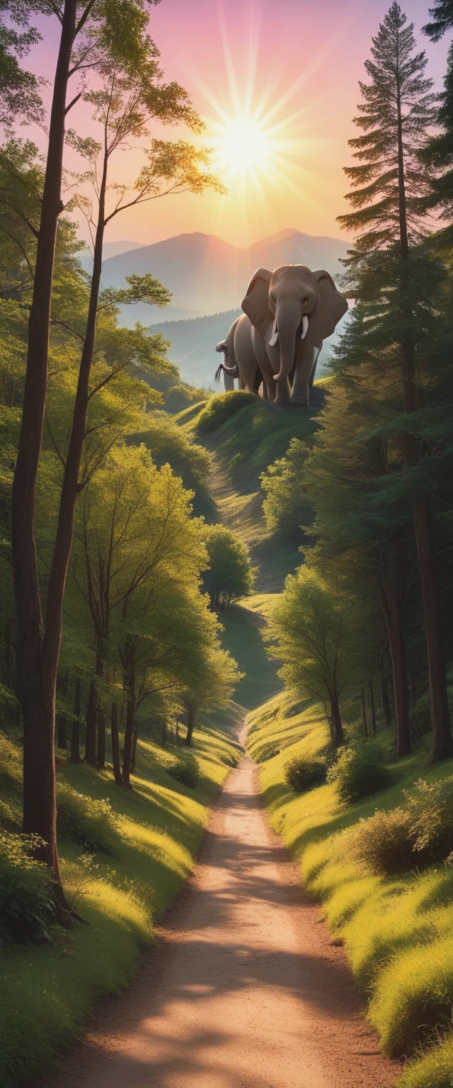 "A majestic elephant walking along a narrow mountain path during the late afternoon. The surrounding landscape is lush with beautiful trees and plants, adding a vibrant green atmosphere. The sun is setting in the background, casting a warm golden light that gently illuminates the scene. The sky is a mix of soft orange and pink hues, with the last rays of sunlight filtering through the trees, creating a peaceful and serene environment."