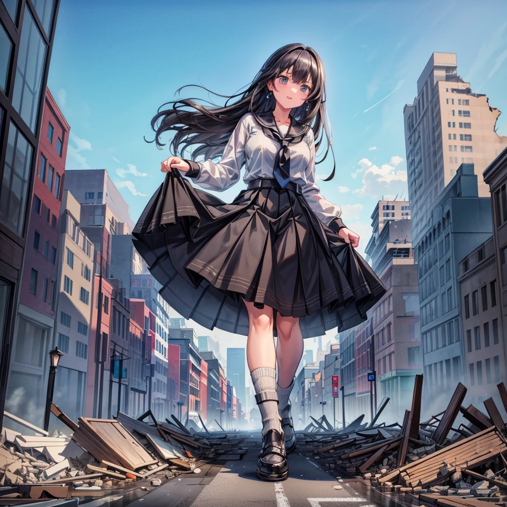 (( long black hair ))　ｊComposition seen from below ((tall high school girl)) School uniform Navy blue skirt Tie (cloudy) ((grayish sky)) Masterpiece Anime style Delicate painting 4K 90's Giant Crowd ((Battlefield)) ((Destroyed Metropolis)) ((Collapsed buildings)) ((Ruins)) ((Heap of rubble)) (()) ((Flame)) Crowd Crowd a giant walking through the city valley))) White socks Clock Black hair Smile Female Giant Girl Whole body Crowd Unreal Engine, Clevis, Photo, Earrings, Long hair, Cute photo Beauty Analog style Full body Shoes

Masterpiece Unreal Engine 4K precision video, GTS, giant female giant, giant girl in the valley between buildings, skyscraper area, big city,add_detail:1, add_detail:0, add_detail:0.5