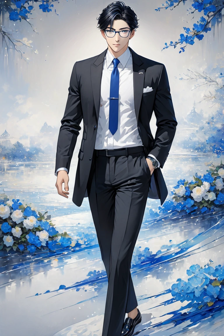  black hair,Fair skin,Rimless Glasses,Black long pants, white shirt, black jacket , blue tie,male