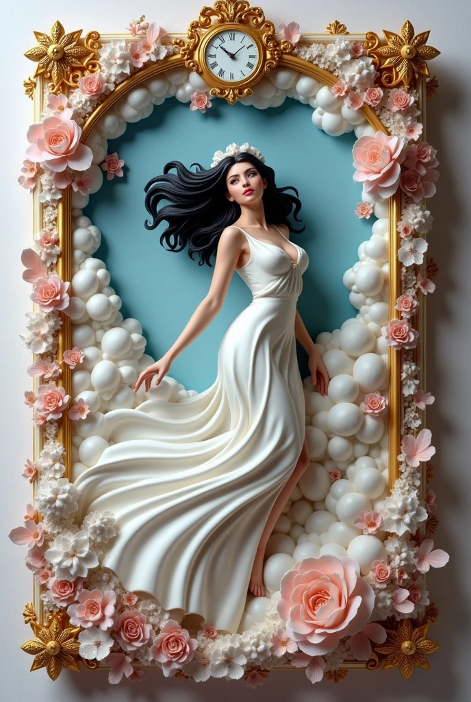 3D lavender, light pink, gold, white DIARY COVER carved sculpture gold victorian royal arc, white woman black hair with white ribbon bow, wearing silk dress jewelries and running up in the fantasy clouds, clock, laces, peony flowers, gold borderline outer lining