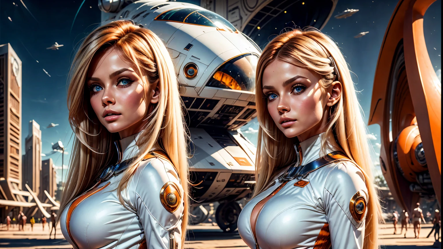 2girls, NSFW, (((medium shot))), upper body, attractive, young, muscular, (topless) women, indoors, looking at camera. ((Smirk)). Abs. Blonde. Beautiful eyes, perfect eyes, ((scifi)).