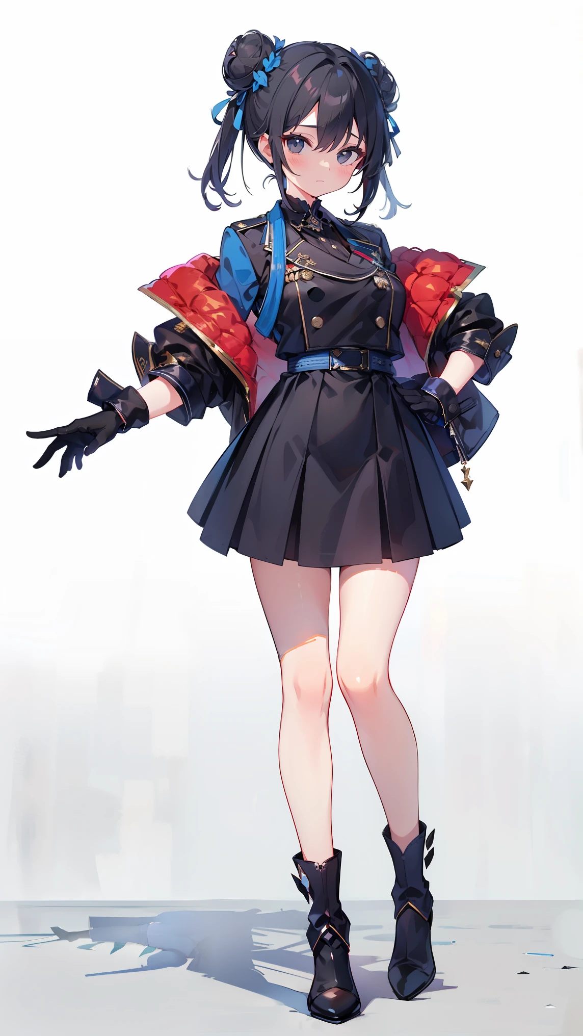 A cold girl, black eyes, absolute black hair, fringe, a little frizzy, a bun that has a military insignia, a dark blue shirt, a black jacket, a long dark blue skirt, two bows coming out of her skirt, heels, black military gloves.