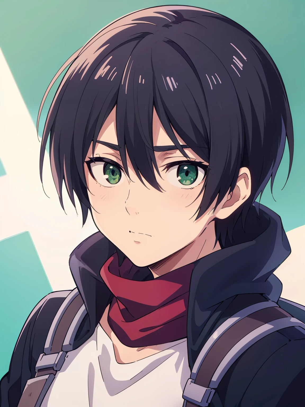 (high-quality, breathtaking),(expressive eyes, perfect face) 1boy, male, solo, portrait, narrow eyes, kind face, neutral expression, aot style, portrait, Symmetrical Eyes, black hair, green eyes, teenager, blue background, black coat, open coat, white turtleneck shirt, backpack, black pants, mappastyles4, fluffy hair, half closed eyes, looking at viewer, facing viewer, red scarf, teenager, young face
