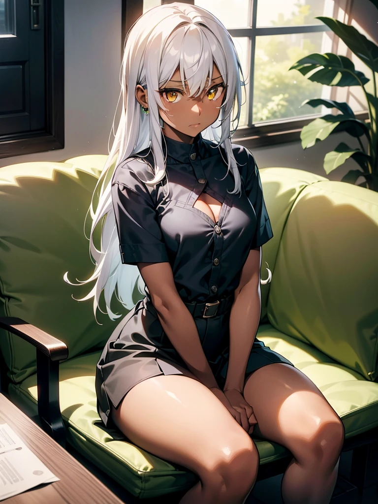 (​masterpiece、top-quality、hight resolution、Unity 8k、extremely details CG:1,Best Picture), ((from front)),Grey hair, yellow eyes,((((dark skin)))), Emphasis on cleavage, A young woman sitting on a simple chair in a cozy, well-lit indoor studio, reacting to an awkward or difficult question during an interview. Her expression shows visible confusion and hesitation, with slightly widened eyes and a nervous, forced smile as she struggles to formulate a response. She is modestly dressed in neat and proper casual attire, such as a blouse paired with a skirt or sweater and jeans, conveying professionalism and simplicity. Her hands are fidgeting slightly on her lap or gripping the edge of her chair, reflecting her unease. The studio features soft, natural lighting with a clean and minimalist background, including elements like a small table or a potted plant. The atmosphere captures the tension and vulnerability of a young beginner trying to navigate a tricky situation while maintaining composure.