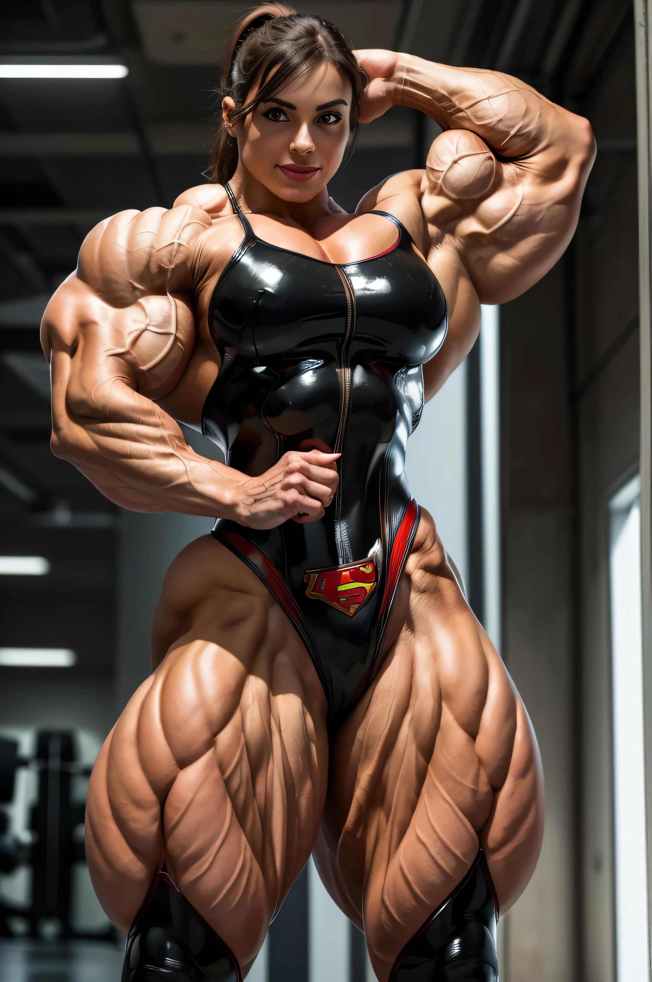 (((supergirl))) The strongest person on earth. super muscular Power-lifting athlete(girl),(Miss),(((Upper body:1)))Upper body,(((ponytail))) modernized city,Wide-angle p (huge muscular arms:1.5), perfect model face, beautiful gorgeous smile, (super muscular physique:1.5), (muscular female bodybuilder:1.5), (huge muscular arms:1.5), (Larger biceps:1.75), large forearms, (((narrow hips))), veins everywhere, (thinner legs), (larger upper body:1.5), (MASSIVE pecs), muscular chest, small waist, SMALL HIPS (perfect fingers:1.2), (full body pose), (UHD 8k:1.5), solo female, realistic image, high detail, photo quality, beautiful girl, best quality, ultra-detailed, masterpiece, finely detail, realistic skin texture, 85 mm art lens, f 1.2, sharp focus, 8 k high definition, insanely detailed, intricate, shallow depth of field, sharp focus on the subject, well balanced exposition. detailed face, 35mm lens, (lipstick) gorgeous girl, smile, sexy, dark skin, jacked VASCULAR POWERFUL body, various poses. sharp focus,A beautiful youthful looking.(8k, RAW photo, photo-realistic:1.25),((((1 girl)))), (1 super muscular GIRL bodybuilder:1.25), (bulging veins:1.25),(extreme muscular exposure:1.25), (dominatrix in full latex BODYSUIT:1.5), (super muscular professional bodybuilder:1.5), (huge muscular arms:1.5), ultra-detailed photo quality realistic image, solo female, realistic image, high detail, photo quality, best quality, ultra-detailed, masterpiece, finely detail, realistic skin texture, 85 mm art lens, f 1.2, sharp focus,