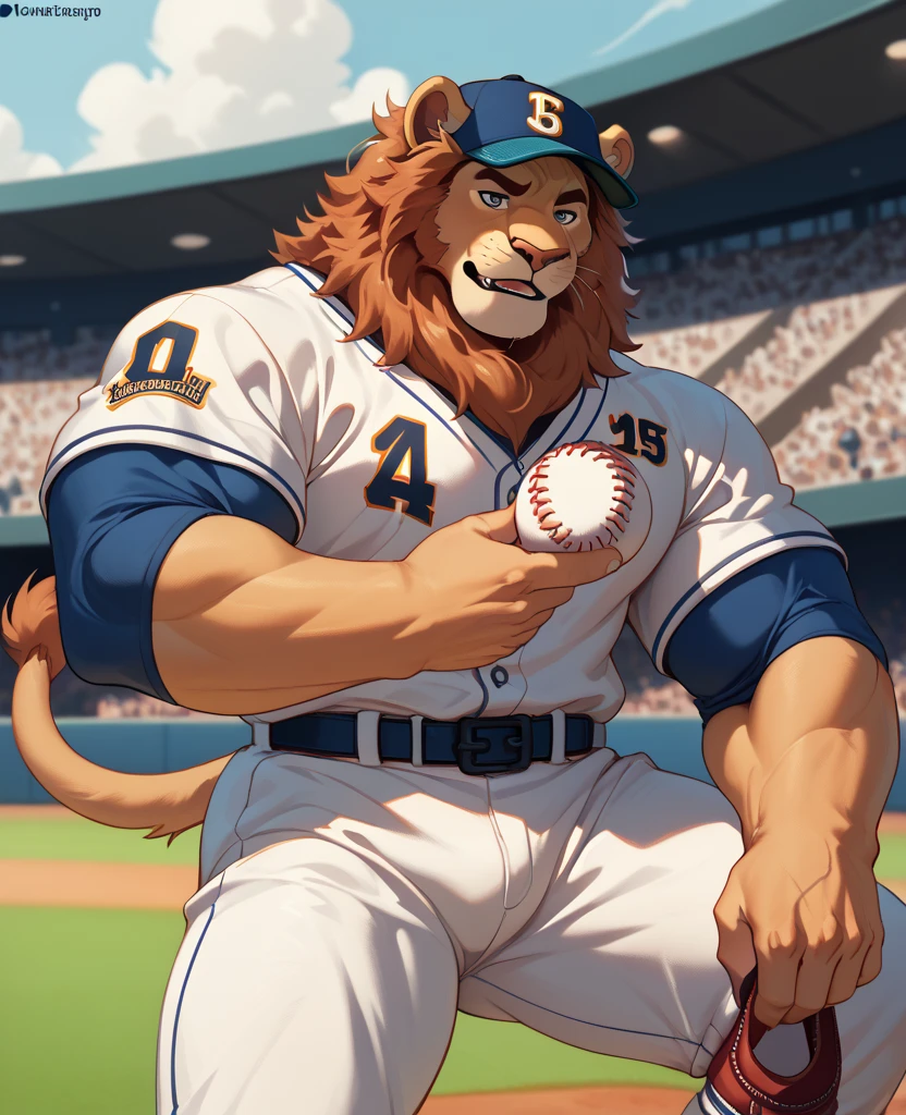 lion, nice , male, doll, Baseball uniform, ultradetailed, muscle发达,  unique , exposed, rippling muscle, muscle, Stadium background  ,