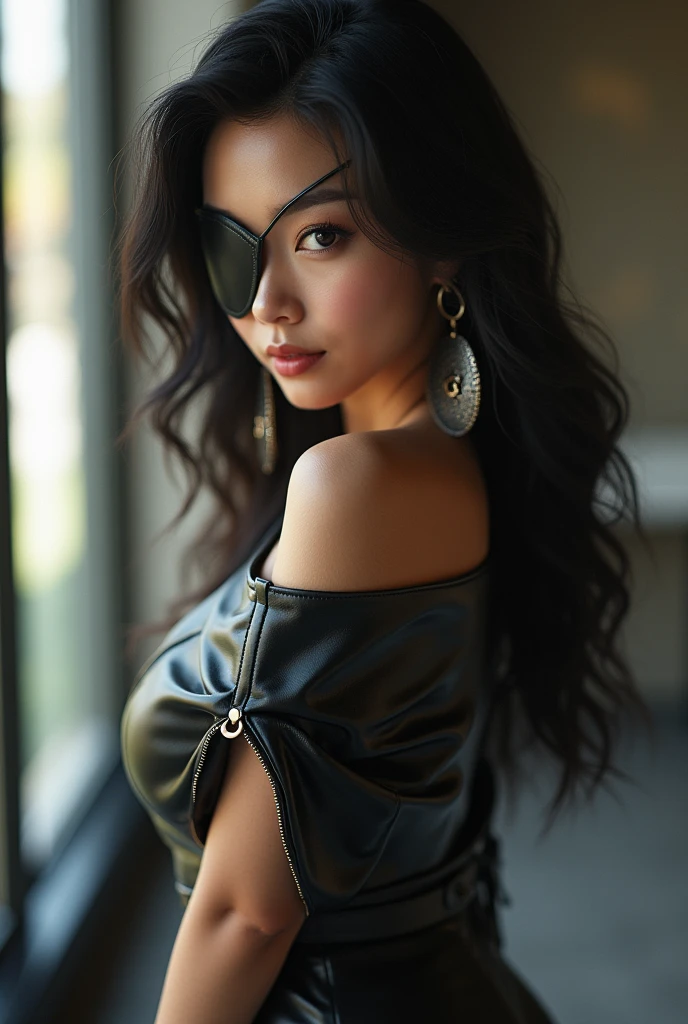 Girl with semi-long black hair, skin between white and brown, with a voluptuous and marked body, Dark brown semi-slanted eyes with an intense and mocking look and slight dark circles, about 1m tall,60cm. With a piercing (SEPTUM) on the nose, a wide but small nose,small but full lips, forehead neither too big nor too small. The most beautiful woman. Black and marked clothing.