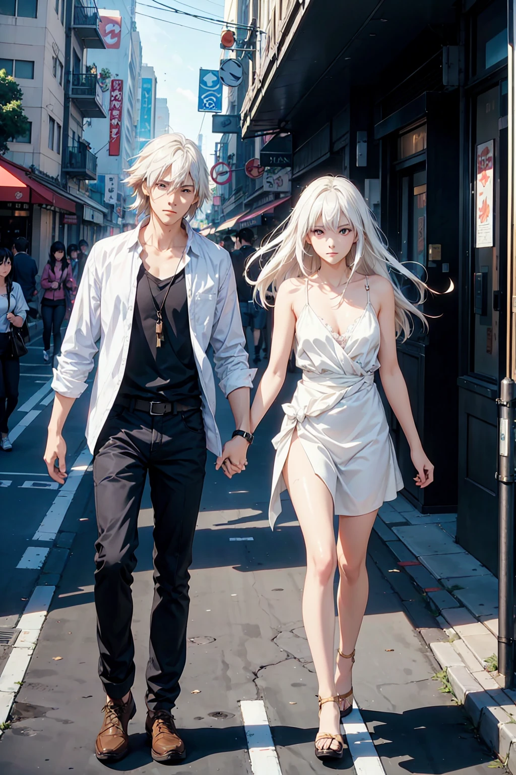 Anime couple、Walking through a SF city full of party and debauchery.  A girl with waist-length white hair and golden eyes、Leading a man with medium length hair。. The shadows of a dragon and a phoenix appear behind them.. Close-up perspective. Makoto Shinkai&#39;s Concept Art, pixiv Winner, Romanticism,  Shinkai Makoto Cyril Roland,  love concept art , Loss transformer. Landscape Background, Ross Tran and Makoto Shinkai, Ross Tran and Ilya Kuvshinov, Reusch and Ross Tran.  