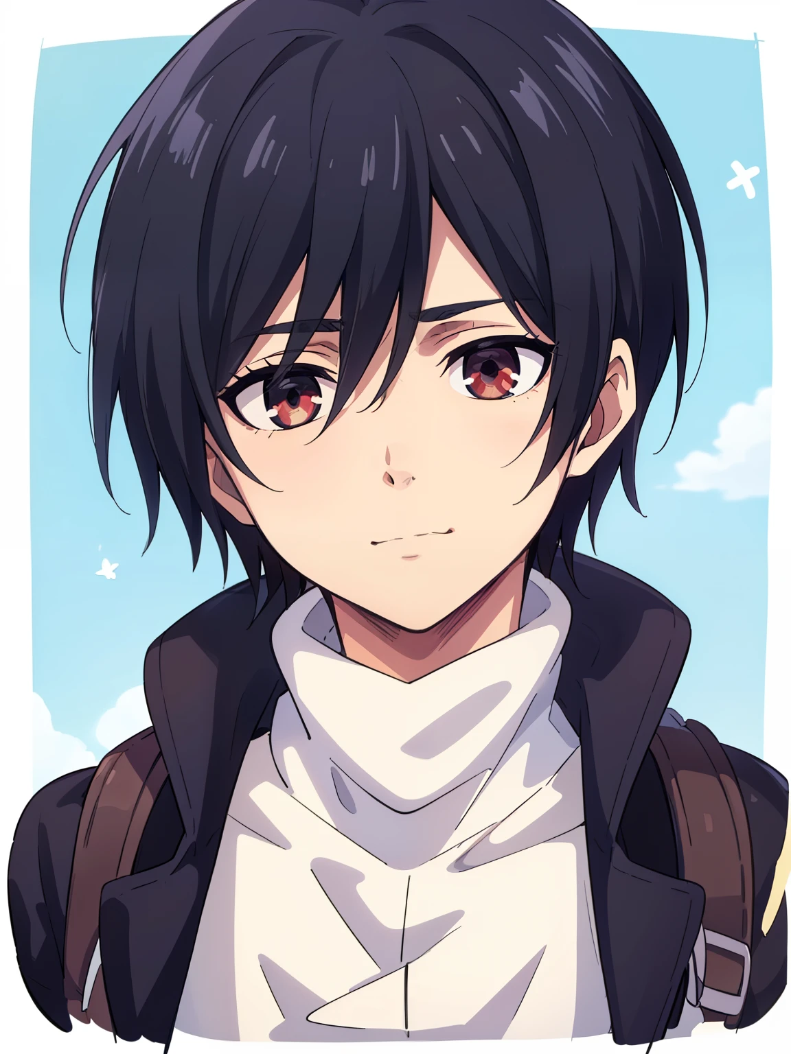 (high-quality, breathtaking),(expressive eyes, perfect face) 1boy, male, solo, portrait, narrow eyes, kind face, neutral expression, soft cute smile, aot style, portrait, Symmetrical Eyes, black hair, red eyes, teenager, blue background, black coat, open coat, white turtleneck shirt, backpack, black pants, mappastyles4, fluffy hair, half closed eyes, looking at viewer, facing viewer, red scarf, teenager, young face
