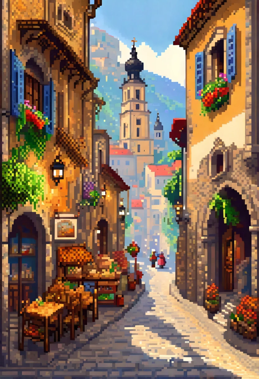 (front view, best quality, masterpiece, best quality, pixel art), (1girl), (solo), looking at viewer, fantasy, pixel art, Incredible pixel art detail, sandboxes, city, a picturesque European town, characterized by cobblestone streets, colorful medieval buildings with sloped roofs, bustling market squares, and charming cafes with outdoor seating. Capture the essence of a vibrant atmosphere, with the distant sound of church bells echoing through the narrow alleyways and the aroma of freshly baked bread wafting from local bakeries