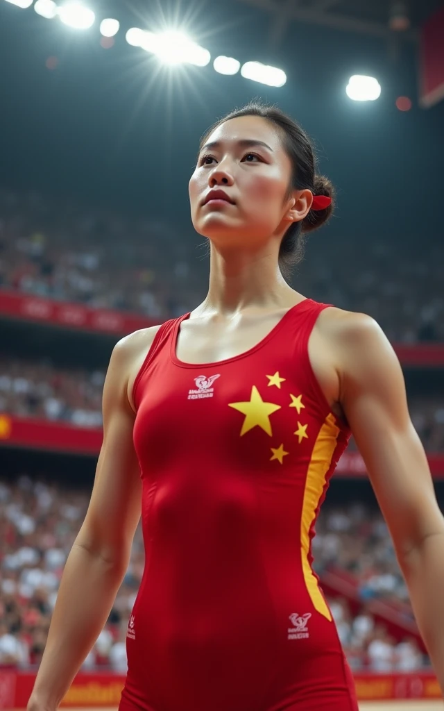 Women's Olympic weightlifting,Red outfit,full-body shot,Panoramic vistas,Wide-angle lens,18-year-old Japanese beauty,cute,Ai Fukuhara,muscular,Fair skin,The facial features are delicate,Beautiful sexy face,snatch,clean and jerk,With all your strength,Raise the barbell,Olympic indoor venues as background