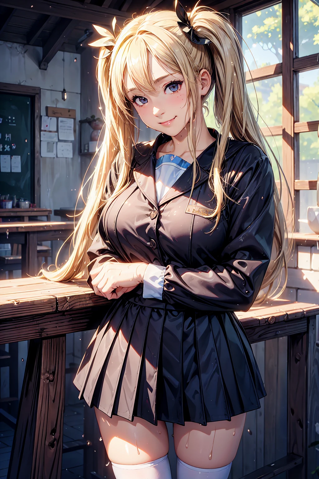 (8k), ( top quality: 1.2), ( realistic ), ( photorealistic: 1.37),   ultra high definition,  1 girl, cute, smile,  closed mouth ,  blonde twin tails , Beautiful Nose, whole body,  wet hair , Giant Dalcefo, pork,  school uniform, Thighs  