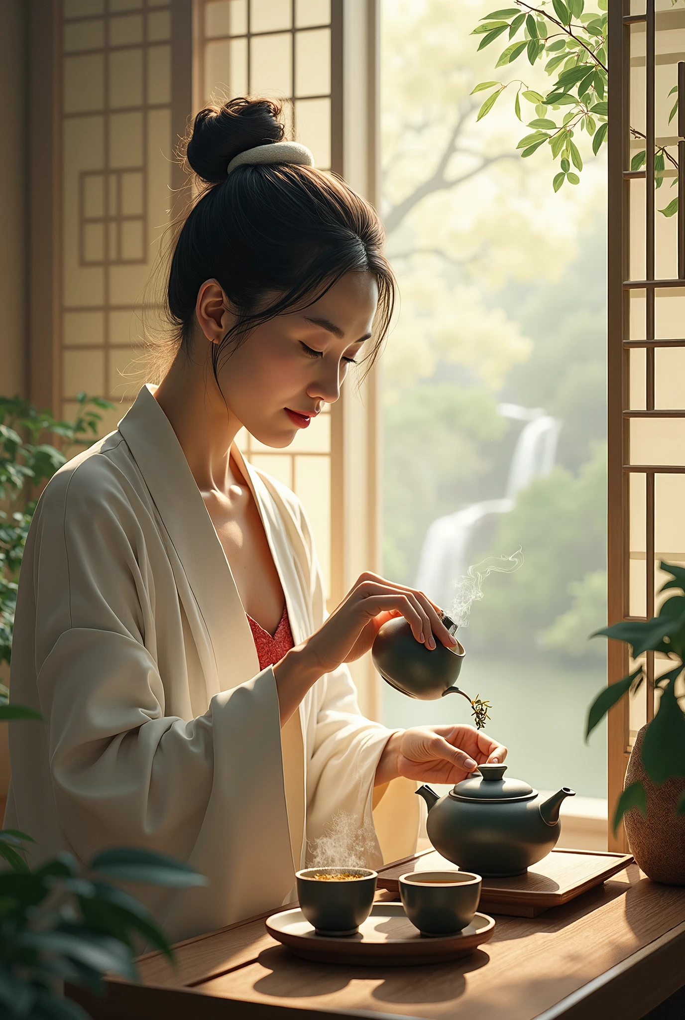 Emerald green but hazy,,Bamboo Indoor,A person holding a teapot pouring tea into an empty cup,Very detailed,HD,Clear details