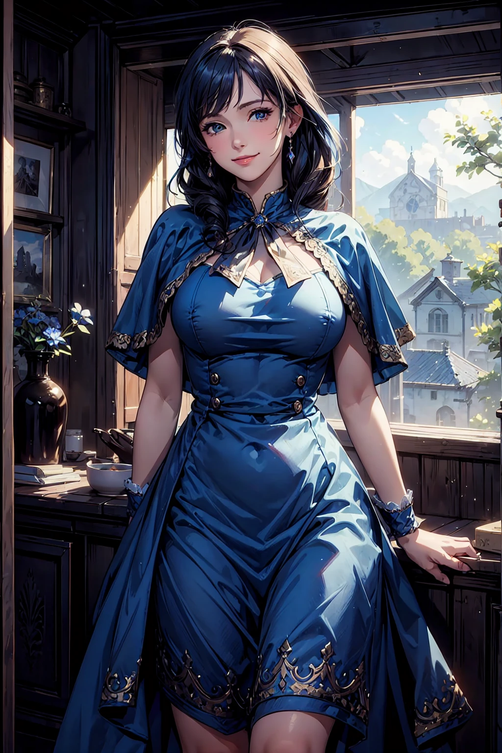 (  Masterpiece  ,  top quality:1.2),  cowboy shot of beautiful boobs, Alone,  1 girl ,  Marianne von Edmund , smile,  watch viewers,  blue dress ,  Capelet