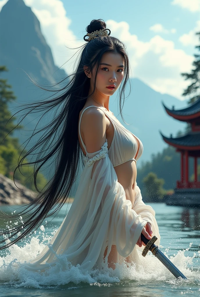 "(Beautiful woman and shooter) in dynamic pose, with long waterfall-like hair, camera focus adjusted, palace in the background, obvious contrast between light and dark, multiple light sources intertwined, prominent halos, lit many lights, creating a mysterious atmosphere, thick fog in the distance, with exoticism and transparency, picture quality (masterpiece), resolution of 8K, showing the best picture quality."