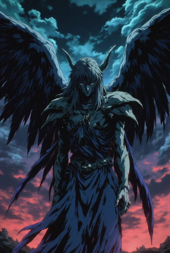 a dark sky with an angel covered in ragged clothes and broken wings  in the style of grainy anime