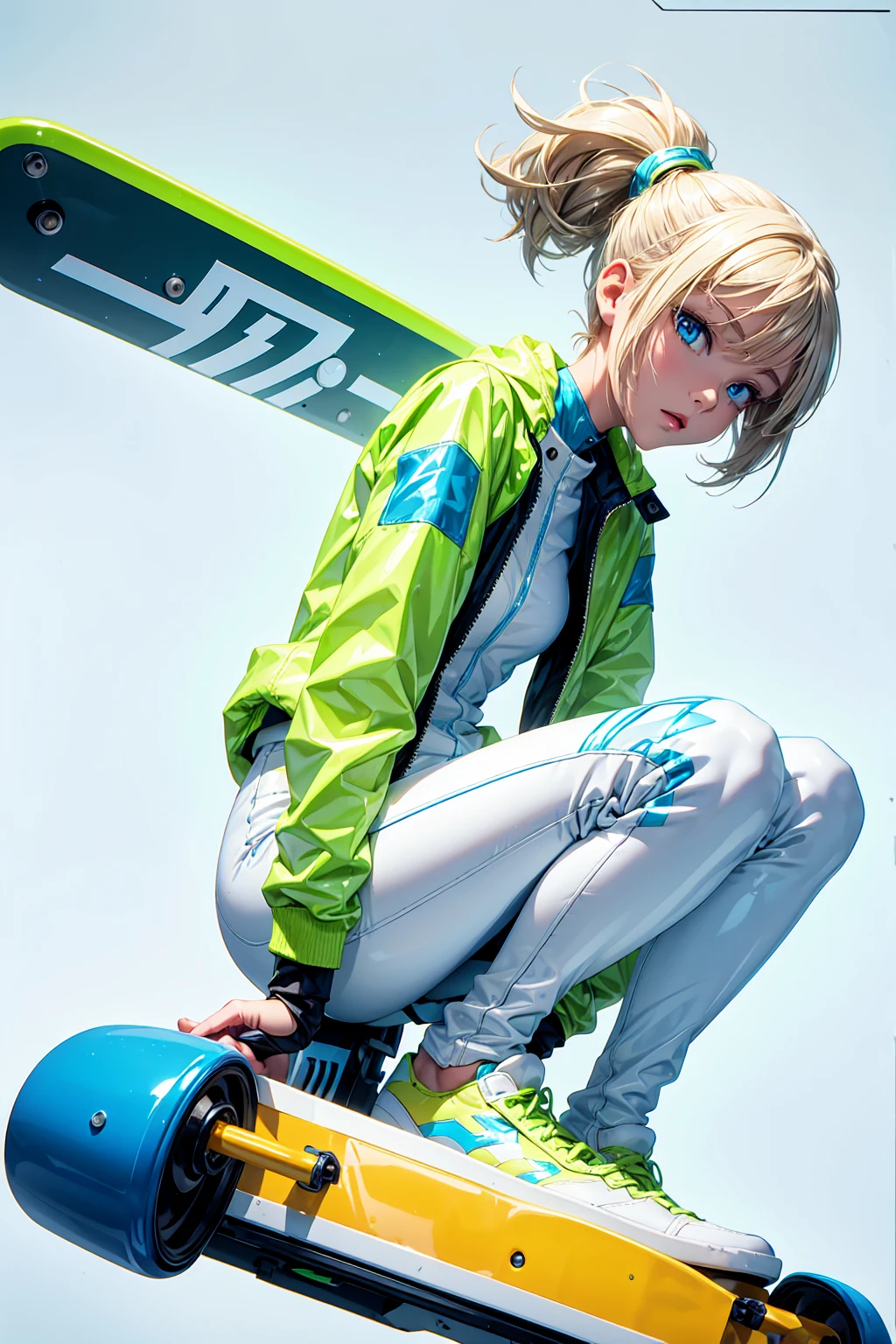  1 girl , Alone,  white background ,   Wattson,   Masterpiece  ,  high definition,  blue eyes,  blonde hair ,  shorthair, Fluorescent green jacket, Rubber Gloss, White rubber skin suit, Yellow skateboard shoes,   white pants, , Simple Background