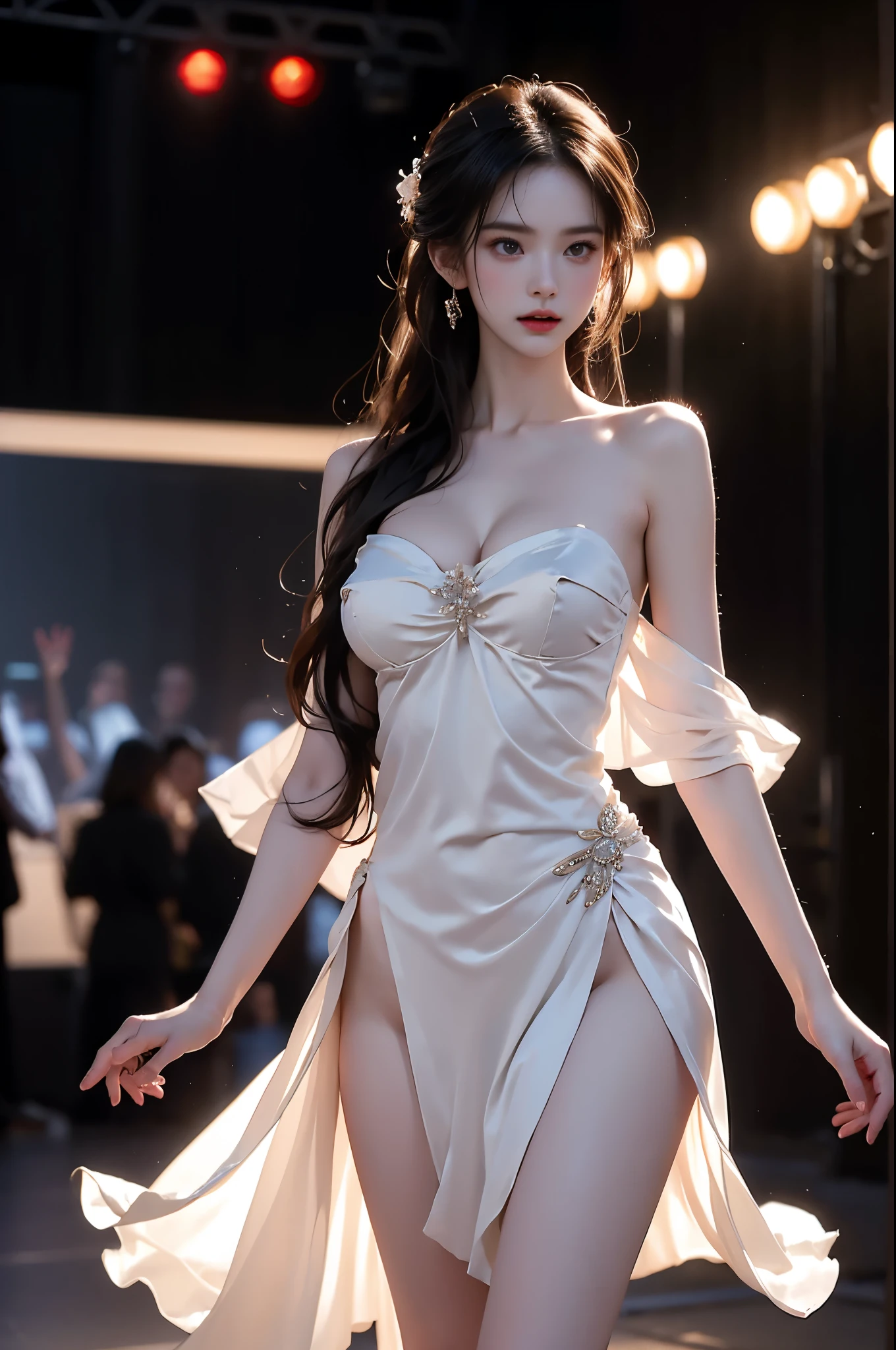 shidudou ((3/4 shot:1.3)), (from below:1.2), (1girl solo), A stunningly beautiful model on a runway stage, ((single bare shoulder)), (Full breasts, visible cleavage, very short hemlines, revealing smooth thighs), (Warm colors, warm soft lighting), hyperrealistic, confidently walking down a fashion show runway with long, slender, and well-proportioned legs. The model's posture is perfect, exuding elegance and allure, with a fluid and dynamic walking pose. with intricate textures and professional tailoring. The runway is illuminated by dramatic, cinematic lighting, surrounded by a surreal atmosphere of ethereal spotlights and soft, dreamy colors. High-quality details, hyperrealistic textures, HDR quality, correct anatomy, professional fashion photography style, cinematic composition, elegant and classy, photorealistic, ultra-detailed, a perfect blend of realism and artistic expression.
