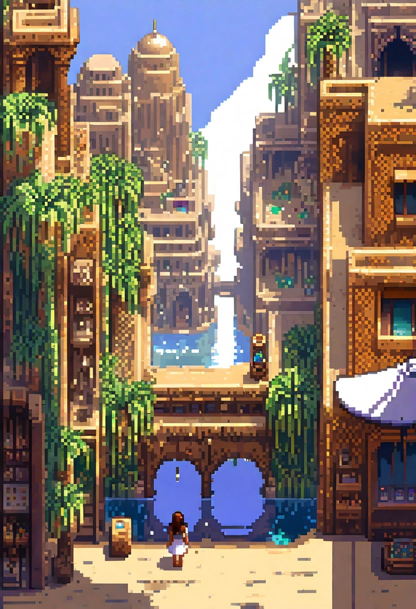 (front view, best quality, masterpiece, best quality, pixel art), (1girl), (solo), looking at viewer, fantasy, pixel art, Incredible pixel art detail, sandboxes, oasis, city, picturesque. 