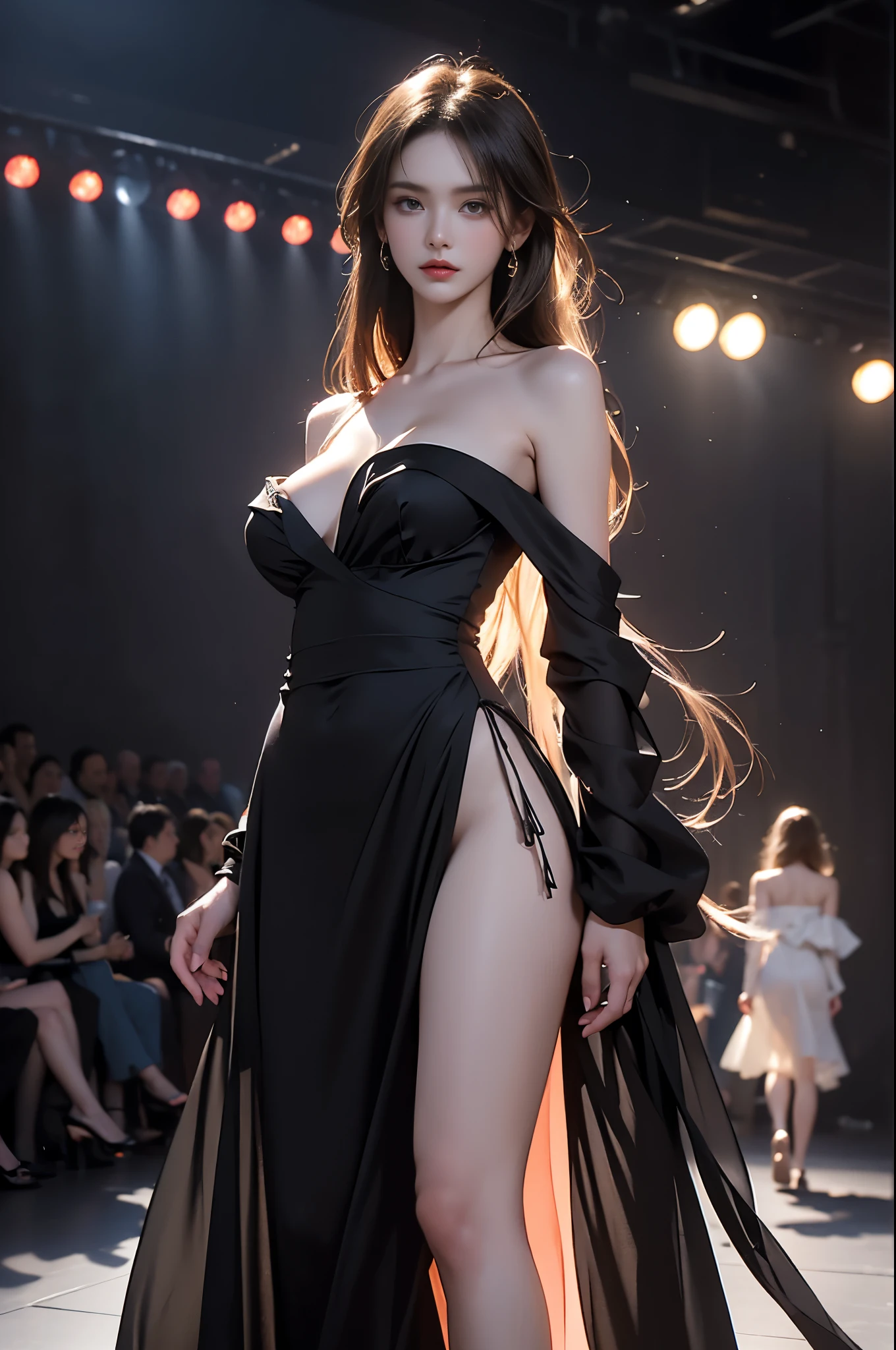 black nightgown ((3/4 shot:1.3)), (from below:1.2), (1girl solo), A stunningly beautiful model on a runway stage, ((single bare shoulder)), (Full breasts, visible cleavage, very short hemlines, revealing smooth thighs), (Warm colors, warm soft lighting), hyperrealistic, confidently walking down a fashion show runway with long, slender, and well-proportioned legs. The model's posture is perfect, exuding elegance and allure, with a fluid and dynamic walking pose. with intricate textures and professional tailoring. The runway is illuminated by dramatic, cinematic lighting, surrounded by a surreal atmosphere of ethereal spotlights and soft, dreamy colors. High-quality details, hyperrealistic textures, HDR quality, correct anatomy, professional fashion photography style, cinematic composition, elegant and classy, photorealistic, ultra-detailed, a perfect blend of realism and artistic expression.