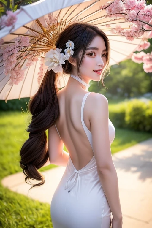(masterpiece, 最high quality:1.4), (future day), (full of white flowers), (1 girl), alone, (European youth:1), Aeris Gainsbourg, Hair Ribbon, bracelet, very long hair, Hair Ribbon, hair flower, , high heels hyperrealistic, high resolution skin, digital single-lens reflex camera, soft lighting, high quality, very detailed face, highly detailed skin, skin pores, scattered beneath the surface, realistic pupils, medium chest, Redness appears all over the face, full lips, detailed background, written border depth, volume lighting, sharp focus, Confused, realistic proportions, excellent anatomy, (realistic, hyperrealistic:1.4), 16k hdr,laugh、naked、hip