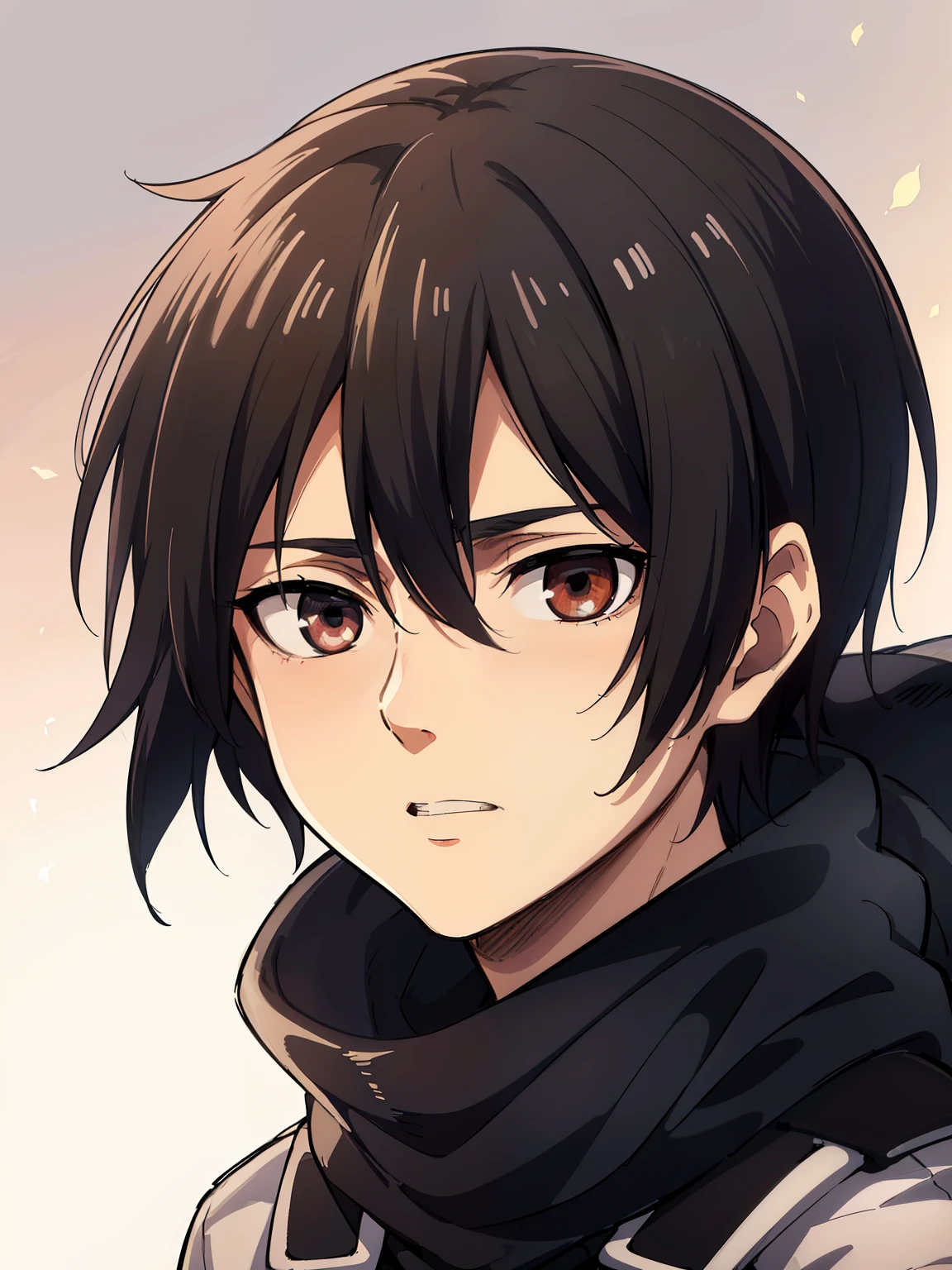 (high-quality, breathtaking),(expressive eyes, perfect face) 1boy, male, solo, portrait, narrow eyes, kind face, neutral expression, soft cute smile, aot style, portrait, Symmetrical Eyes, black hair, red eyes, teenager, blue background, black coat, open coat, white turtleneck shirt, backpack, black pants, mappastyles4, fluffy hair, half closed eyes, looking at viewer, facing viewer, red scarf, teenager, young face
