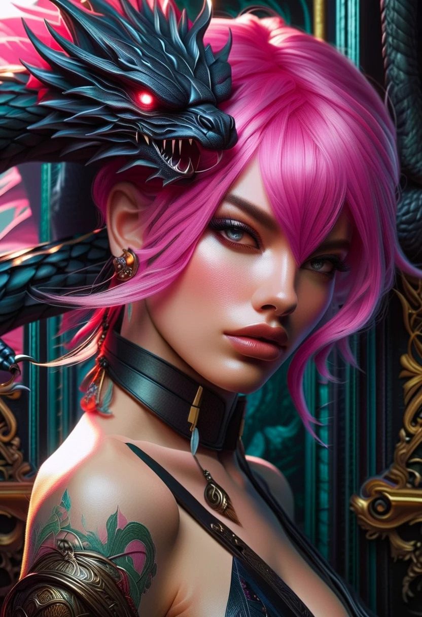 extremely detailed CG unity 8k wallpaper,masterpiece, best quality, ultra-detailed, beautiful detailed eyes:1.2,best illumination, (best shadow, an extremely delicate and beautiful, bloom),dragon_real,
(1gril),solo,pink hair,(blue eyes:1.1),short hair,Bare shoulders,black dress,jewel,earrings,bare legs, (pink dragon:1.4),(tattoos and dragon),collarbone,lips,moon,gigantic hanging breasts,White silk stockings,lace,Anime face,2.5D,8k,
Beautiful facial features,starry sky,Complex decoration,Black Armor,looking at viewer,Strong lighting,light and shadow texture,texture details,