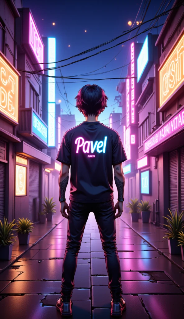 anime парень, costs, road, fence, out of town , T-shirt text : Pavel, neon, neonовый контур, neonовый огонь, Night, costs передом к камере.anime, Anime style,