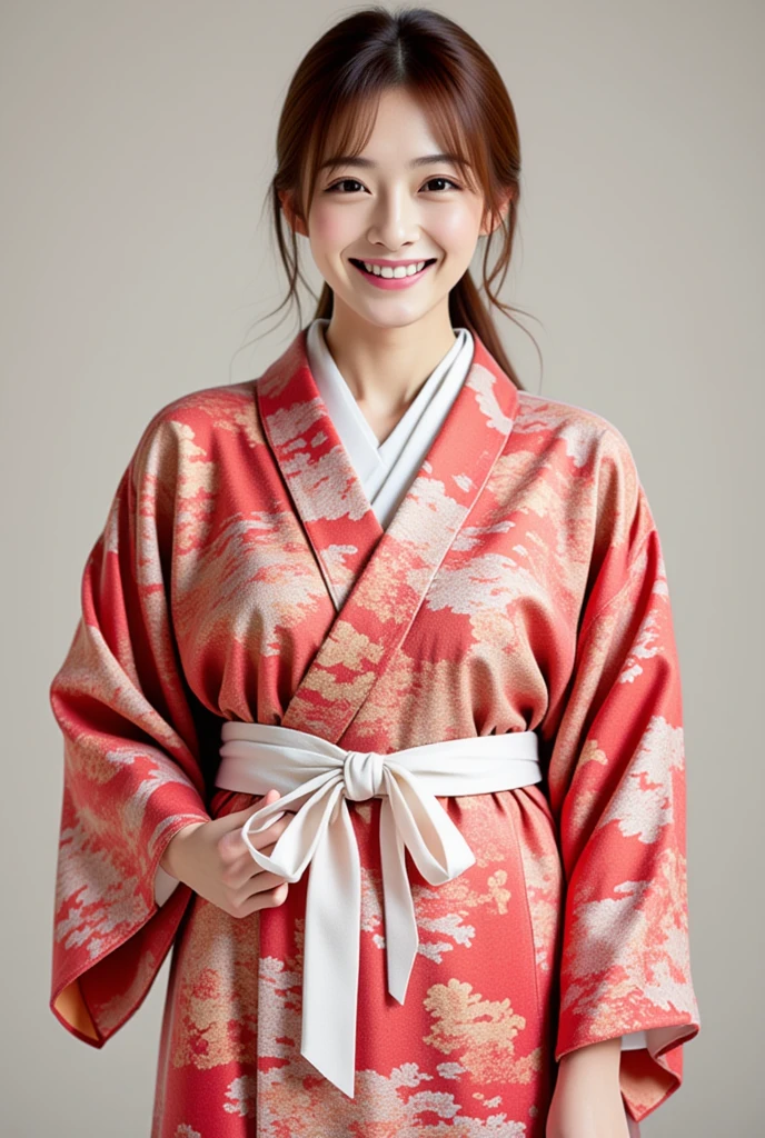 A asian woman is in plain japanses print koso1,white thin sash with knot ,full-body-shoto, smile:1.3