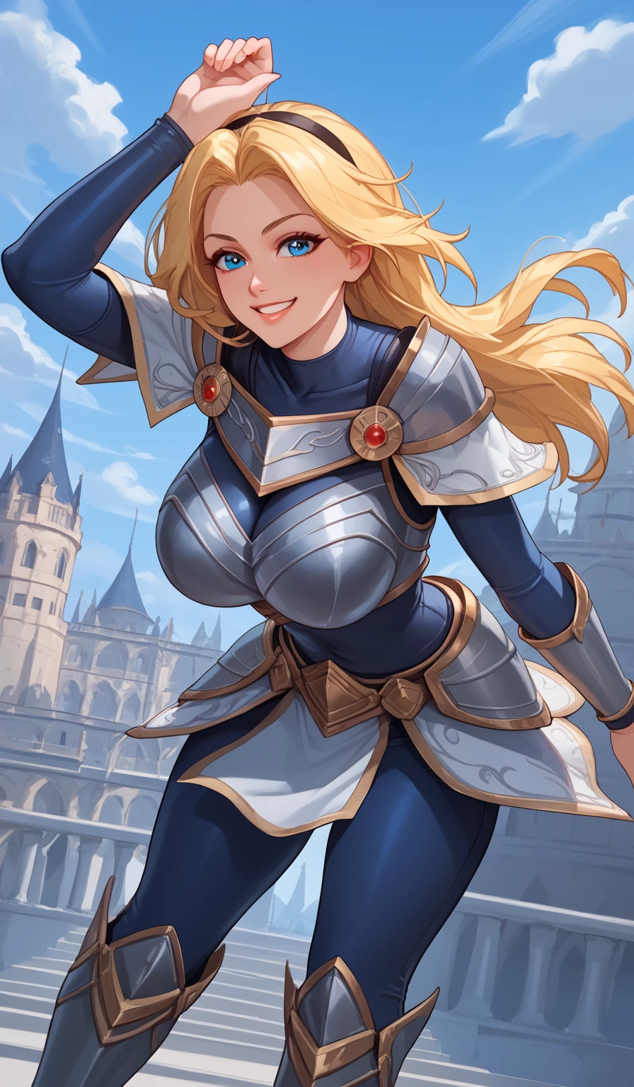 score_9, score_8_up, score_7_up, score_6_up, score_5_up, score_4_up, LuxLoLXL, blue eyes, blonde hair, long hair, black hairband, big breasts, collarbone, shoulder armor, armor, blue bodysuit, breastplate, long sleeves, faulds, skirt, blue pants, armored boots, ((((big breasts)))), smile, alone full body, blue sky clouds , knee high boots, stretching, arms up,((leaning forward))