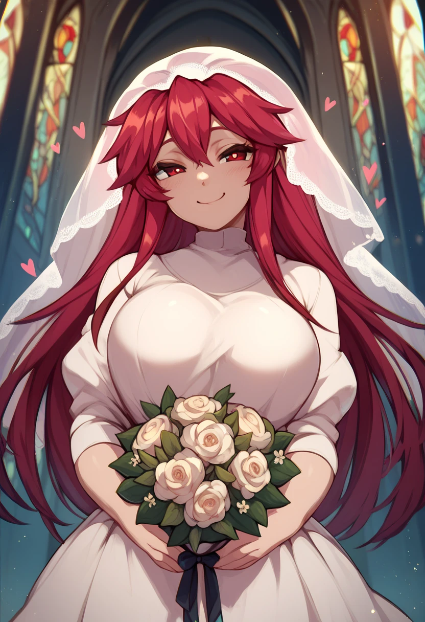 Score_9, Score_8_up, Score_7_up, Score_6_up, 1girl, Mari Setagaya,  long hair, red eyes, red hair, human-form, merustyle ,  big breasts, In church, vestido de novia, white veil,  bouquet of flowers in her hands, white clothes, thick thighs, newlywed ,  hearts in the air, smug, looking to you
