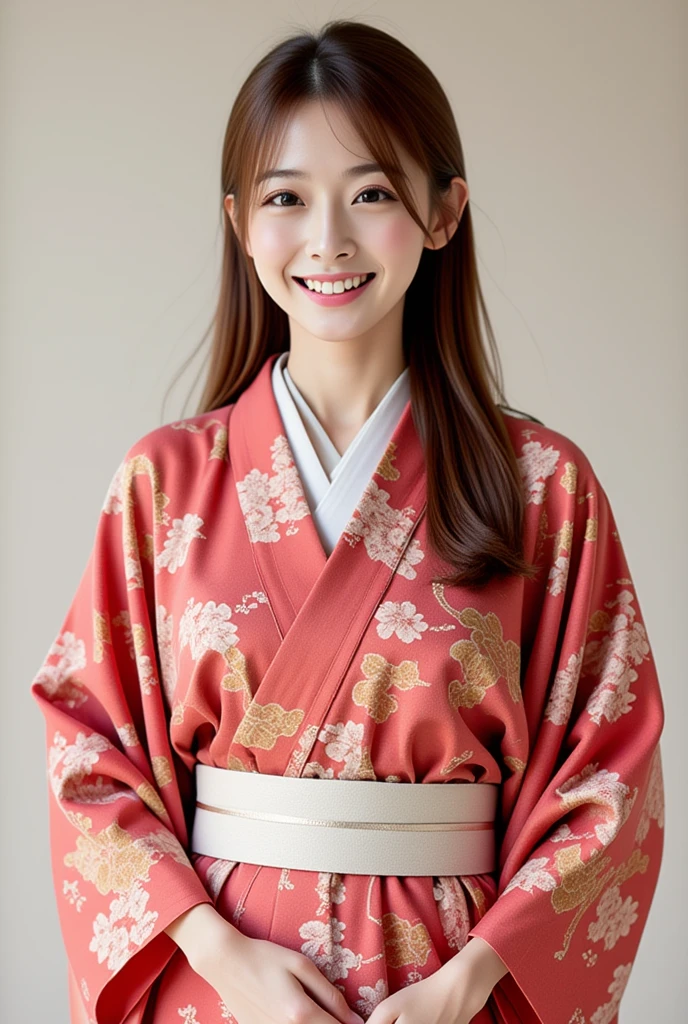 A asian woman is in plain japanses print koso1,white thin sash with knot ,full-body-shoto, smile:1.3