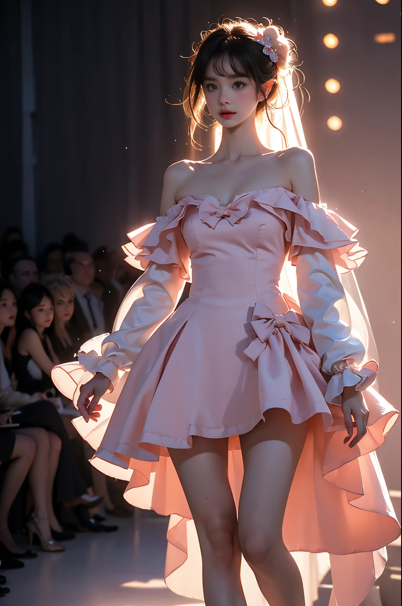 cyb dress, long sleeves, puffy long sleeves, bow
pink dress ((3/4 shot:1.3)), (from below:1.2), (1girl solo), A stunningly beautiful model on a runway stage, ((single bare shoulder)), (Full breasts, visible cleavage, very short hemlines, revealing smooth thighs), (Warm colors, warm soft lighting), hyperrealistic, confidently walking down a fashion show runway with long, slender, and well-proportioned legs. The model's posture is perfect, exuding elegance and allure, with a fluid and dynamic walking pose. with intricate textures and professional tailoring. The runway is illuminated by dramatic, cinematic lighting, surrounded by a surreal atmosphere of ethereal spotlights and soft, dreamy colors. High-quality details, hyperrealistic textures, HDR quality, correct anatomy, professional fashion photography style, cinematic composition, elegant and classy, photorealistic, ultra-detailed, a perfect blend of realism and artistic expression.