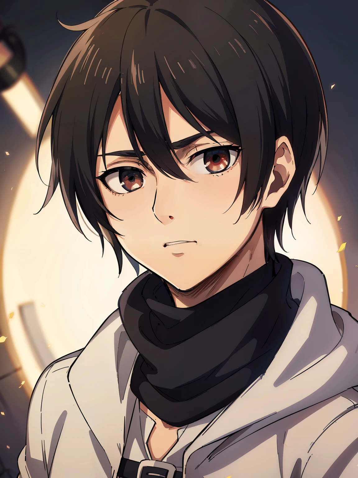 (high-quality, breathtaking),(expressive eyes, perfect face) 1boy, male, solo, portrait, narrow eyes, kind face, neutral expression, soft cute smile, aot style, portrait, Symmetrical Eyes, black hair, red eyes, teenager, blue background, black coat, open coat, white turtleneck shirt, backpack, black pants, mappastyles4, fluffy hair, half closed eyes, looking at viewer, facing viewer, red scarf, teenager, young face
