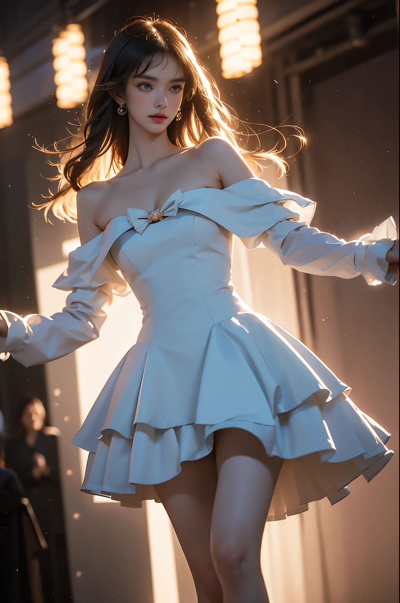 cyb dress, long sleeves, puffy long sleeves, bow
blue dress ((3/4 shot:1.3)), (from below:1.2), (1girl solo), A stunningly beautiful model on a runway stage, ((single bare shoulder)), (Full breasts, visible cleavage, very short hemlines, revealing smooth thighs), (Warm colors, warm soft lighting), hyperrealistic, confidently walking down a fashion show runway with long, slender, and well-proportioned legs. The model's posture is perfect, exuding elegance and allure, with a fluid and dynamic walking pose. with intricate textures and professional tailoring. The runway is illuminated by dramatic, cinematic lighting, surrounded by a surreal atmosphere of ethereal spotlights and soft, dreamy colors. High-quality details, hyperrealistic textures, HDR quality, correct anatomy, professional fashion photography style, cinematic composition, elegant and classy, photorealistic, ultra-detailed, a perfect blend of realism and artistic expression.