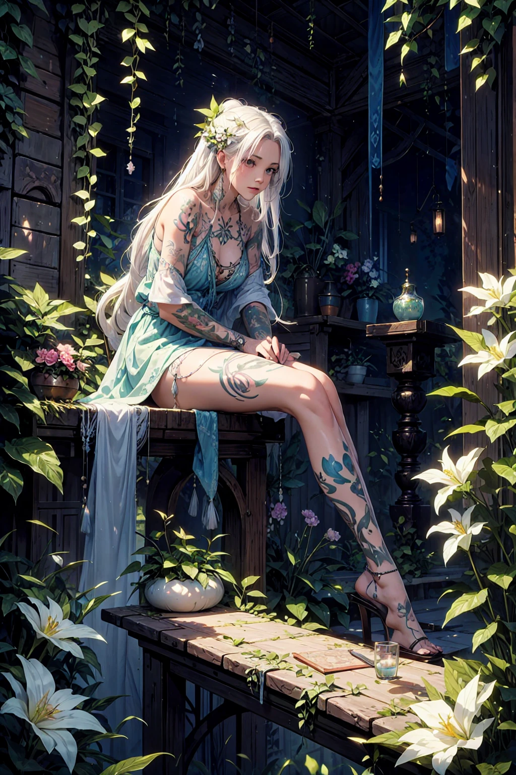 a beautiful young girl with white hair and tattoos, sitting in a lush, verdant cave surrounded by flowers, with a serene, pastoral and sublime atmosphere, rendered in a hyper-realistic, textured, highly detailed digital photography style, 