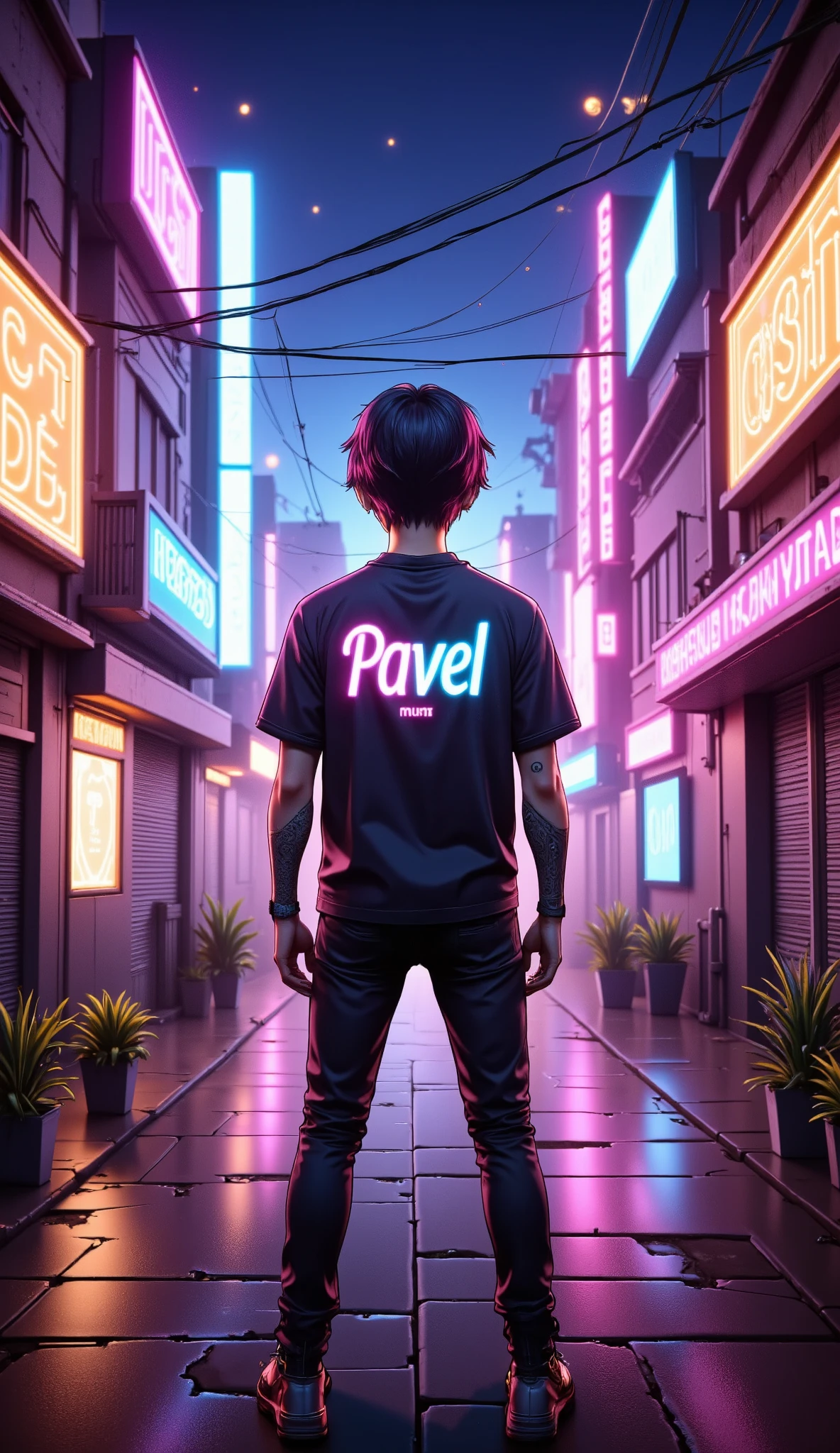 anime парень, costs, road, fence, out of town , T-shirt text : Pavel, neon, neonовый контур, neonовый огонь, Night, costs передом к камере.anime, Anime style,