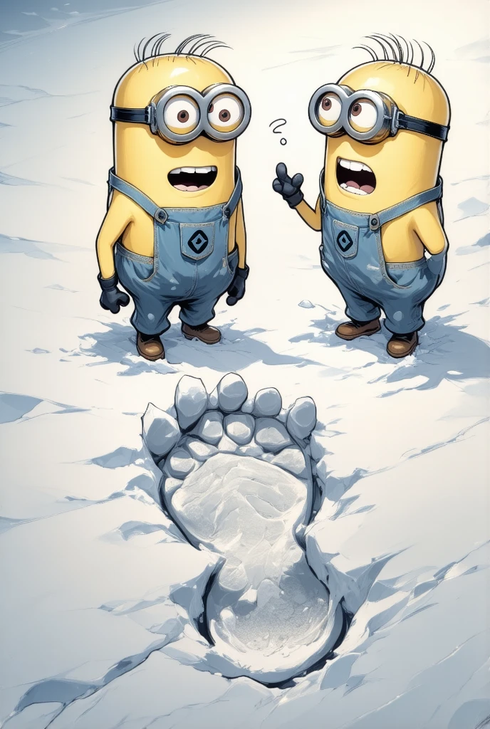  Minions stand in front of a big footprint and argue who this footprint belongs to, You can see a big footprint in the snow 