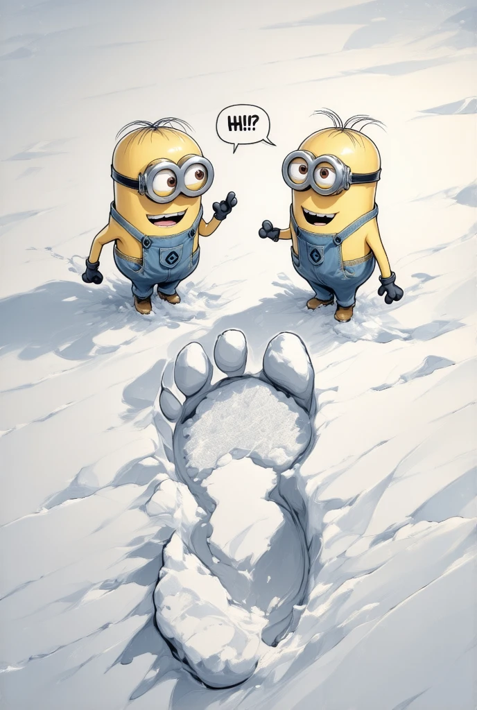  Minions stand in front of a big footprint and argue who this footprint belongs to, You can see a big footprint in the snow 